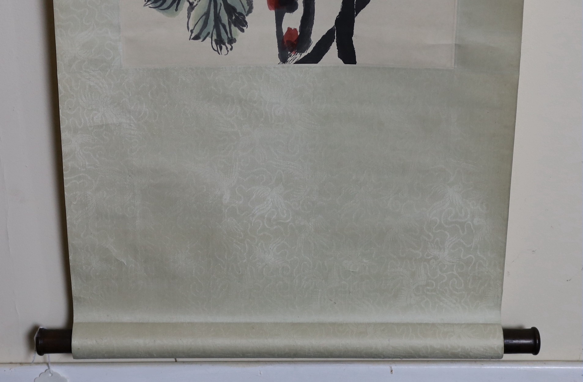 After Qi Baishi (1863-1957), Ribbon peonies, scroll picture , published by Tianjin Arts & Crafts Export Company, 1959, image 104cm x 33cm